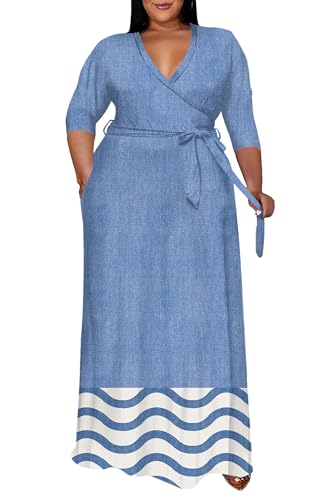 Image of Runwind Plus Size Dress for Women - 3 /4 Sleeve V Neck Maxi Dresses for Women (XL-6XL)