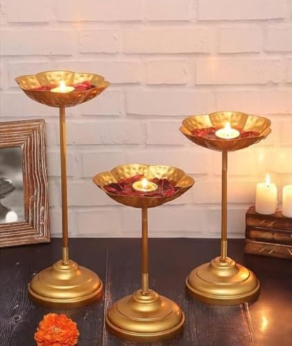 Image of FINE DECOR Taj Urli Stand, Tealight Candle Holder Stand, Floating Flower Diya Stand & Urli Bowl Stand For Diwali Decoration Items For Home Decor, Set Of 3 (Golden)