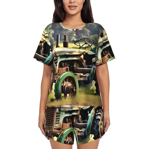Pyjama femme short col rond imprimé tracteur pour en finir avec les nuits chaudes