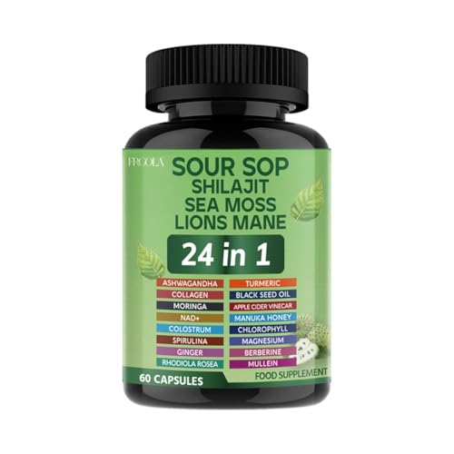 Frcola 24-in-1 Soursop Graviola Capsules with Sea Moss, Shilajit, Lions Mane, Natural Supplement for Immune Support, Energy, Gut Health, Vegan, 60 Capsules