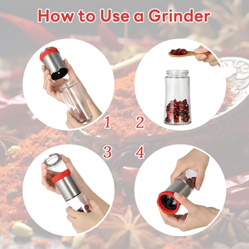 170ml Manual Chilli Grinder - Glass and Stainless Steel Spice Mill for Coarse Salt, Pepper & Dried Chilli (Red) - Image 4