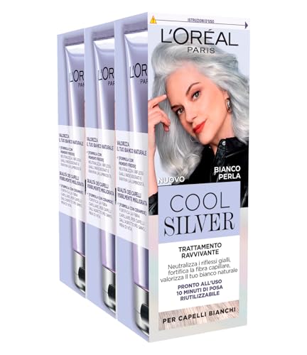 L'Oréal Paris Cool Silver belebende und stärkende Behandlung für weißes Haar, neutralisiert gelbe Reflexe, perlweiße Farbe – 3 Flaschen à 114 ml