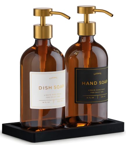 Glass Soap Dispenser Set of 2 (Amber) with Silicone Tray | Hand and Dish Soap Dispenser for Kitchen and Bathroom | 16.8 Oz Glass Bottles with Stainless Steel Pump & 15 Waterproof Labels (Amber/Gold) - image 1