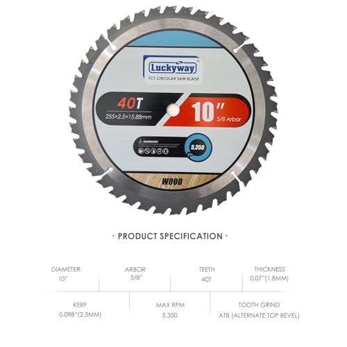 Luckyway 10 Inch Miter/Table Saw Blades 40T General-Purpose with 5/8 Inch Arbor TCT (Tungsten Carbide Tipped) Saw Blade for Cutting Wood, 2-Pack - Thumbnail 2