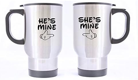 Romantic Design He's Mine/She's Mine (Twin Side) Custom Travel Coffee/Tea Mug (Sliver/14Ounce) A Couple Of Mugs For Couples(Wedding Anniversary,Valentine's Day,Engagement)