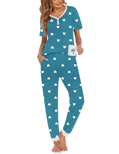 Image of Ekouaer Pajamas for Women Set 2 Piece Fall Lounge Sets Short Sleeve Pjs Joggers Long Pants Sleepwear with Pockets