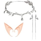 Juego de 3 Diademas Élficas de Cristal, Orejas Grandes de Elfo para Adultos & Pendientes de Ala de Ángel Plateados, Corona de Hada para Disfraz de Elfo, Cosplay, Renacimiento, Halloween