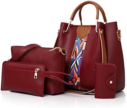 LMKIDS 4 Pcs Bags Set for Women Shoulder Bags Small Tote Handbag Crossbody Bag&Wristlet Purse Top Handle Pu Leather Sets Bags (claret)