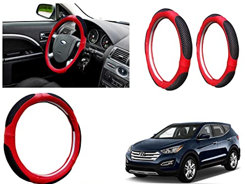 Image of Microfiber Car Steering Wheel Cover, Soft Padding Great Hand Feel, Anti-Slip, Faux Leather Steering Cover for Hyundai Santa Fe | Black Red Jali - Pack of 1
