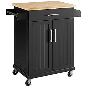 Yaheetech Kitchen Island on Wheels with Storage Cabinet, Rolling Kitchen Cart with Double Doors and Drawer & Spice Rack Towel Bar, Microwave Stand Cart for Kitchen/Dining Room, Large Worktop, Black