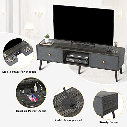 Unikito 55 Inch Tv Stand Up To 65‘’, Tv Cabinet With Power Outlet, Entertainment Center With Drawer Storage And Open Shelves, Media Console Table For Living Room Bedroom, Gray Oak Mid Century Tv Stand #TOP1