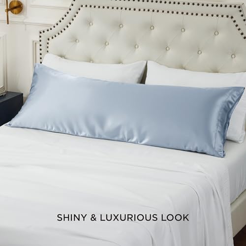 Image of Bedsure Body Pillow Cover 20x54 Inches - Stone Blue Satin Similar to Silk Pillowcase for Hair and Skin, Cooling and Silky Long Body Pillow Pillowcase with Envelope Closure, Gifts for Women Men