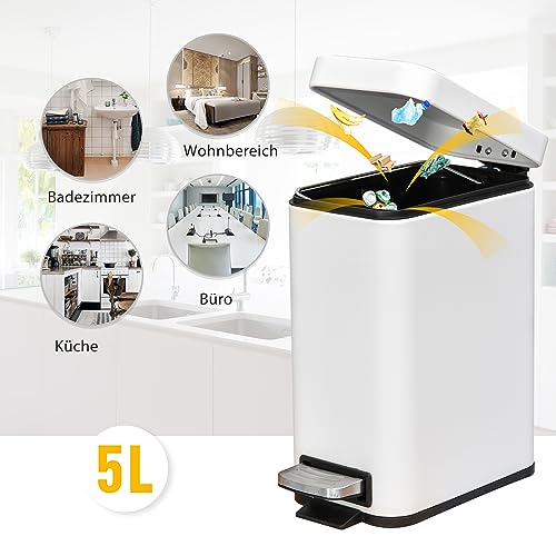 HOMCOM Mülleimer 5LTreteimer mit Softclose-Deckel und Pedal, Abfalleimer inkl. Inneneimer Kosmetikeimer für Wohnzimmer, Büro, Metall, Weiß, 29,2 x 14 x 32 cm – Bild 5