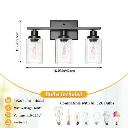 Image of Ascher Bathroom Light Fixtures, 3 Light Vanity Light with LED Bulbs Included, Black Wall Sconces with Clear Glass Shades for Mirror, Kitchen, Living Room, Hallway, Cabinet