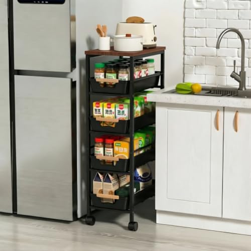 キッチンワゴン 収納カート 隙間収納 キャスター付き スライド式 （黒・横幅24㎝）