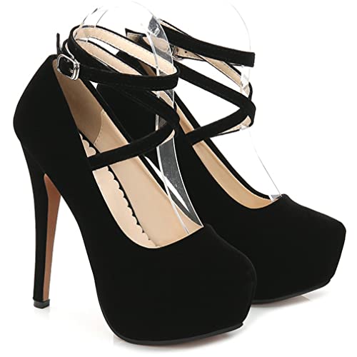 KISSASA Womens High Heel Stiletto Round Toe Ankle Strap Pumps Faux Suede Mary Jane Platform Heels3