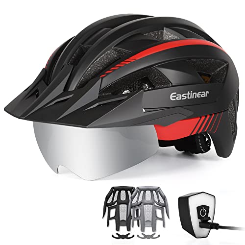 EASTINEAR Casque Velo avec Feu Arrière LED Rechargeable pour Homme et Femme Casque VTT avec Visiere et Lunettes Magnétiques Casque Velo Adulte (XL: 59-63cm, BlackRed) Cover