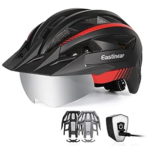 EASTINEAR Adults Bike Helmet with Magnetic Goggle Bicycle Helmet with USB Rechargeable LED Light for Men Women Cycling Helmet with Removable Sun Visor Adjustable Size