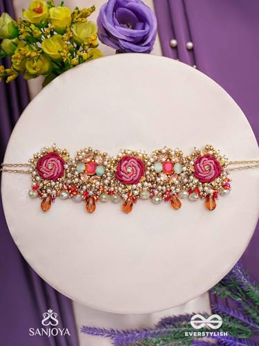 Image of SANJOYA BY EVERSTYLISH Gulratna Jewel Of Roses Handcrafted Rose Choker With Beaded Fringes, Pearls And Gem Details Lightweight Jewelry For Women | Party, Festive, Wedding & Gifting