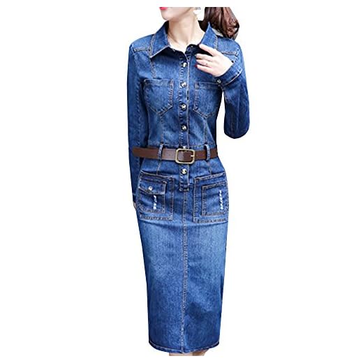 Guiran Vestido Vaquero Mujer Mangas Largas Vestido De Denim Vintage Vestido Vestido Largo Azul