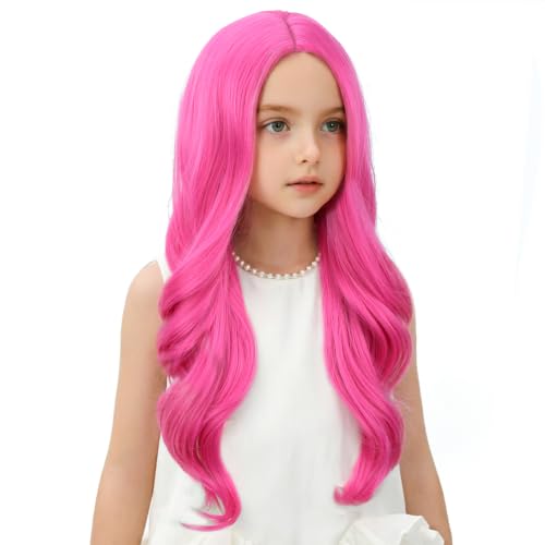 Image of Hot Pink Wig Long Rose Red Middle Part Wig Long Purple Pink Wavy Curly Wigs Heat Resistant Synthetic Wigs for Daily Party Use