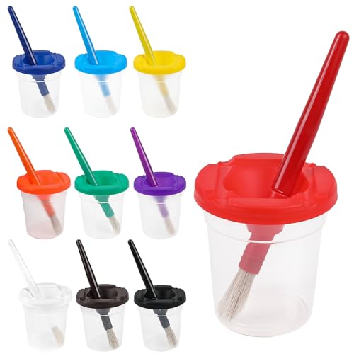 DIYASY No Spill Paint Cups with Lids 10 Pcs Spill Proof Painting Containers and 10 Round Paint Brushes Kids Art Craft Class Home Supplies 10 Colors