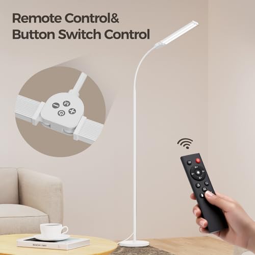 Image of LED Floor Lamp for Living Room, Bright Reading Lamps for Office | 5 Adjustable Colors Temperatures&Brightness, Dual Head Goose Neck Standing Lamp, Remote Control, Eye-Caring Tall Lamp, White
