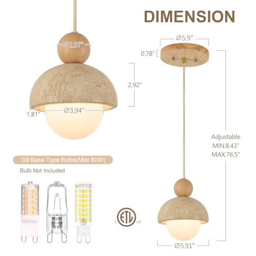 Image of Natural Cave Stone Pendant Lights Kitchen Island Japanese Wabi Sabi Pendant Light Fixture with Wood Ceiling Plate Hanging Lamp for Hallway, Bedroom, Dining Room 3 Packs