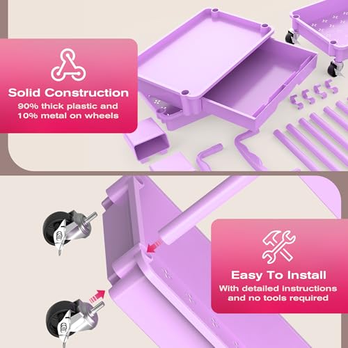 Image of Goovilla Rolling Makeup Organizer Cart with Removable Drawer, 4 Tier Stable Purple Floor Skincare Storage Cart for Vanity, Cosmetic Display, Nail Polish, Perfume, Hair Stuff, Beauty, Bathroom(Plastic)