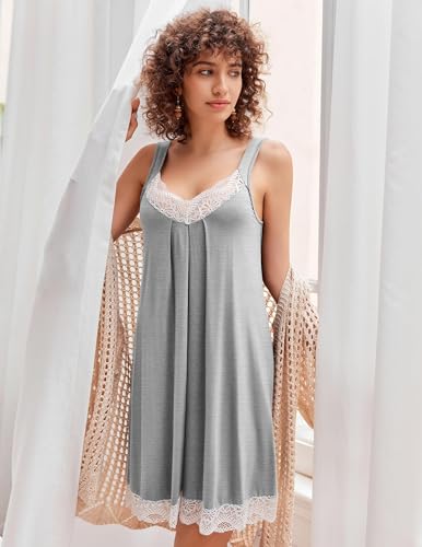 Ekouaer Damen Nachthemd Ärmellos Chemise Nachtwäsche Sexy Lose Full Slips Spitze Negligee V-Ausschnitt Nachtwäsche Soft Jersey Dessous 2pcs schwarz+grau L 5