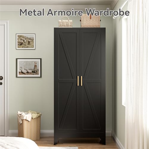 Image of Metal Broom Closet Cabinet, Utility Storage Cabinet with 4 Shelves, Farmhouse Metal Closet with Doors, 71 inch Tall Storage Cabinets with Hanging Rod and Clothing Shelf for Hallway Laundry Mudroom