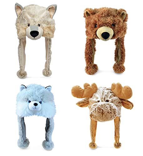 DolliBu Wild Plush Hats Set of 4 – Moose, Wolf, Grizzly Bear, and Husky Warm Hat with Ear Flaps, Plush Party Crazy Hat, Stuffed Animal Halloween Costume Toy Hats, Cozy Fleece Winter Hats – 1 Size