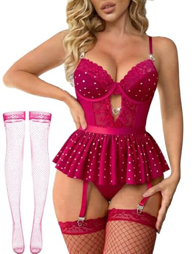 Image of Alrovetoney Women Lingerie Set Naughty Lace Bodysuit High Waisted Underwire Lingerie Babydoll With Garter Belt and Stockings
