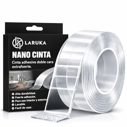 LARUKA®️Cinta Doble Cara ExtraFuerte Transparente 5 cm x 3 m x 2 mm, Adhesivo Reutilizable para Pared y Vidrio, Montaje sin Clavos, Pegado Seguro para Hogar y Bricolaje