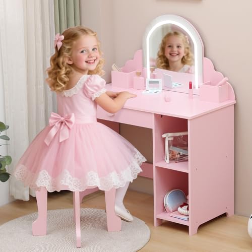 Garvee Tocador de Maquillaje para Niña con Luz LED y Diseño Ola, Mesa Infantil con Cinta Luminosa y Taburete, 95,5 cm, para Niñas de 3 a 6 Años, MDF, Color Rosa