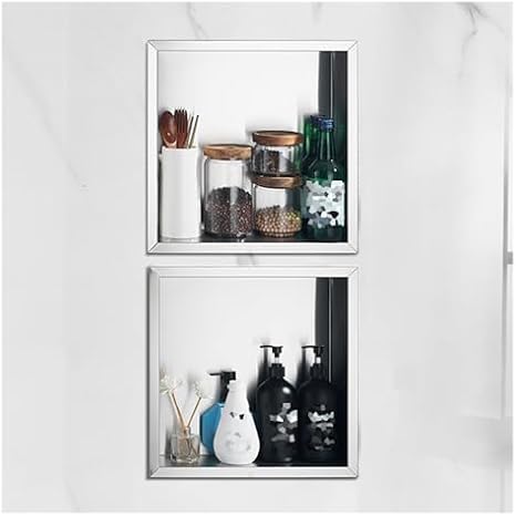 Stainless Steel Shower Waterproof Storage Shelves for Shampoos and Toiletries, Recessed Alcohol, Perfect for Bathroom, Living Room and Bedroom, 38.5 x 38.5 x 8 cm, Silver