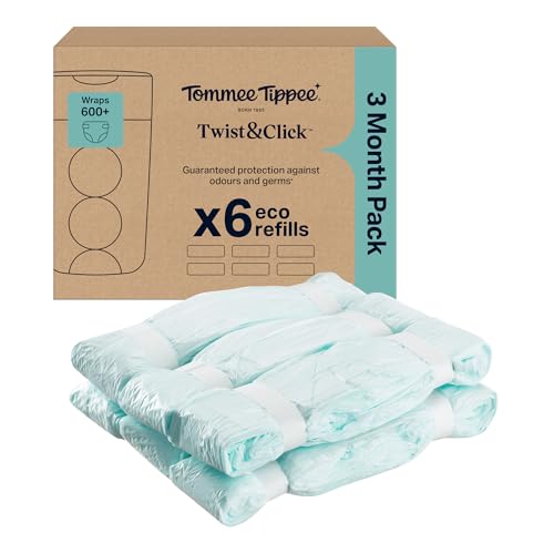 Tommee Tippee Twist & Click Nappy Bin Refills, Pack of 6, each 10.5 metres, Multilayer, Antibacterial* Film, Designed to Slot into Your Existing Twist & Click Nappy Bin Cassette (6 X 10.5m)