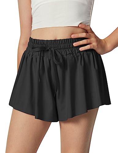 Ewedoos 2 in 1 Flowy Shorts Girls Butterfly Athletic Shorts Size 10-12 Cute Preppy Trendy Shorts Skirt for Teen Girls Black