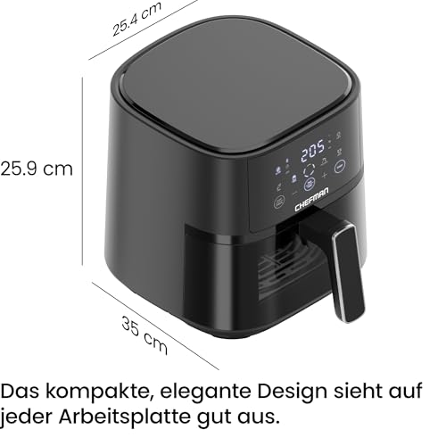 Chefman Heißluftfritteuse - 3,75 l kompakte Heissluftfritteuse für schnelle Mahlzeiten, mit Hi-Fry Technologie, Sichtfenster, Touch Controls, antihaftbeschichtet und spülmaschinenfest - Schwarz