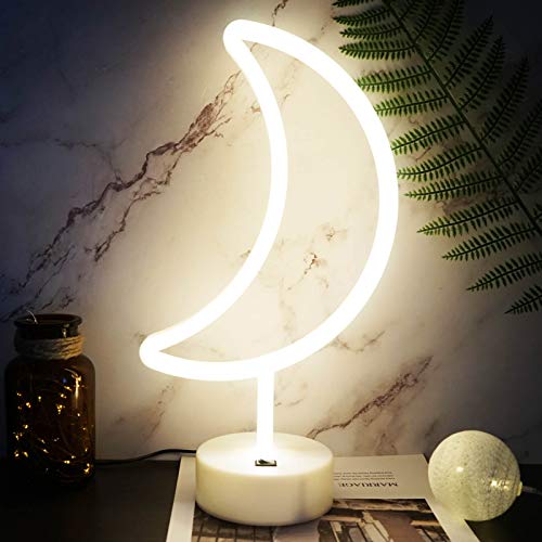 YIVIYAR LED Luna Luce al Neon Insegne al Neon Insegne a LED Lampade a Forma di Luna con Base, USB/Batteria LED Insegna Luminosa Artistica per Decorazione Camera da Letto dei Bambini