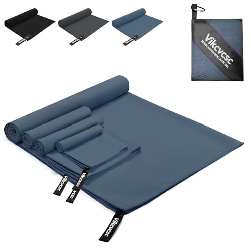 Vikcvcsc Asciugamani Microfibra Set di 4 Asciugamani Palestra,Telo Mare Microfibra Ultraleggero e Compatto,Asciugamano in Microfibra da Viaggio Sport Spiaggia(Blu Marino,180x80cm+2pcs 80x40cm+40x30cm)