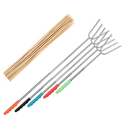 Ephram バーベキューフォークBBQフォーク 焼き串 U字型5本セット+100本使い捨て木製フォーク 5段階伸縮調整可能 長さ約46cm~115cm 折りたたみ 耐高温 シュラスコ用 携帯便利 BBQグリルフォーク 直焼き 繰り返し使用 水洗う可 BBQツール バーベキュー道具 バーベキュー串 収納バッグ付き