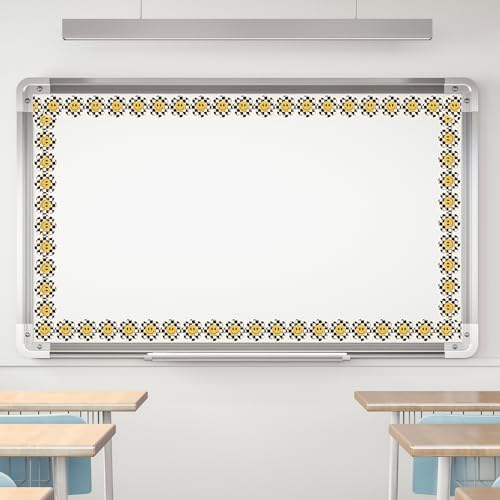 Image of Whaline 32.8ft Happy Face Daisy Bulletin Board Border White Black Checkered Smile Face Flower Die-Cut Rolled Border Trim with Gold Edge for Back to School Chalkboard Wall Decoration