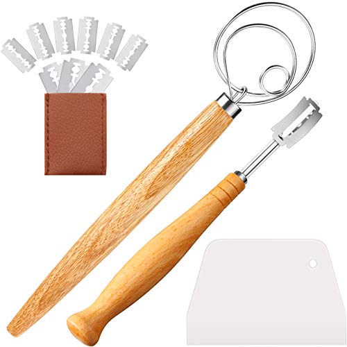13 Pieces Double Eye Danish Dough Whisk Plastic Dough Scraper Stainless Steel Long Bread Lame with 10 Replaceable Blades and Protective Cover Dough Whisk Tools Set for Kitchen Baking