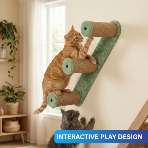 Image of Wall-Mounted Cat Scratching Post, Sisal Rope with Plush Mice Toys, Grey and Natural, Interactive Play (24X6 INCH) (FURR-157) (Green)