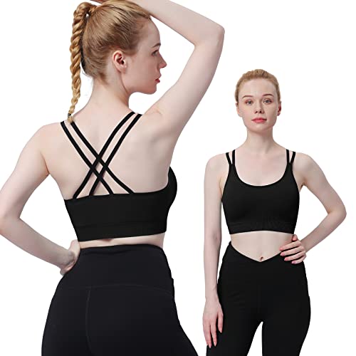 Image of WOYYHO Cross Back Sports Bra for Women Padded Medium Support Workout Bra | 3 Pack, Strappy, Removable Pads, Soft, Spaghetti Strap, Moisture-Wicking, Seamless, for Athletic Yoga Gym Fitness Daily