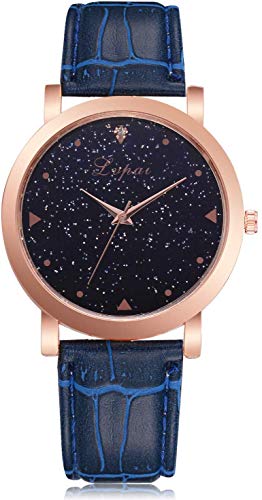 Damenuhr Quarz-Armbanduhr mit rundem Zifferblatt Sternenhimmel Muster mit Lederband für Elegante Frauen, Blau