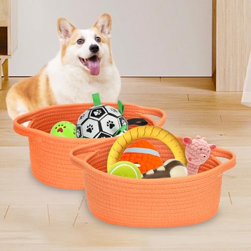 Image of ABenkle Small Basket with Handles, Boho Decorative Rope Woven Dog Cat Toy Storage Bin Shelf Storage Organizer, Easter Christmas Gift Basket, 12 inchx8 inchx5 inch