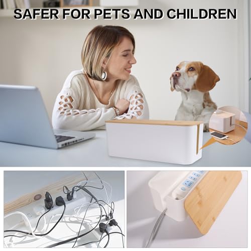 QOEOTUY Kabelbox Groß für Schreibtisch ohne Bohren - Kabel Verstecken Organizer mit Bambusdeckel & Steckdose | Umweltfreundlich gegen Kabelsalat | PC Kabelmanagement, Home Office (Weiß)