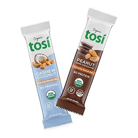Tosi Cashew Coconut and Dark Chocolate Peanut Protein Bars Combo, Plant Based with Nuts, Gluten-Free Crunchy Snacks, Vegan, Organic, Flax & Chia Seeds, Soy-Free, Omega 3s, 6G/8G Protein, 1 oz, 12-Pack Cover